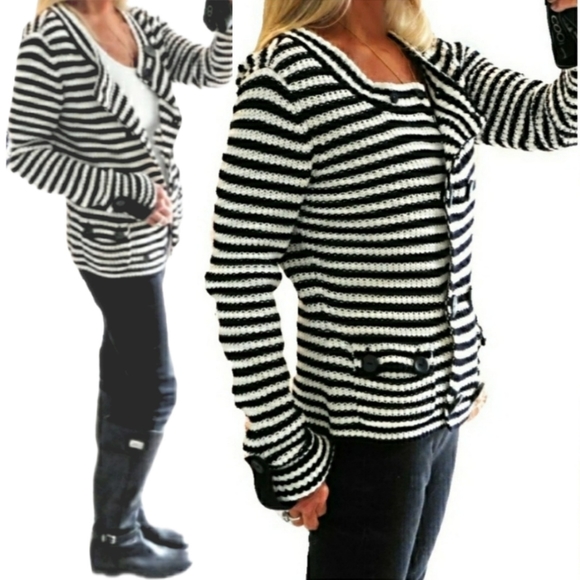 Talbots Womens Blk & White Stripe Knit Double Brested Casual Sweater Jacket Sz S - Picture 7 of 9